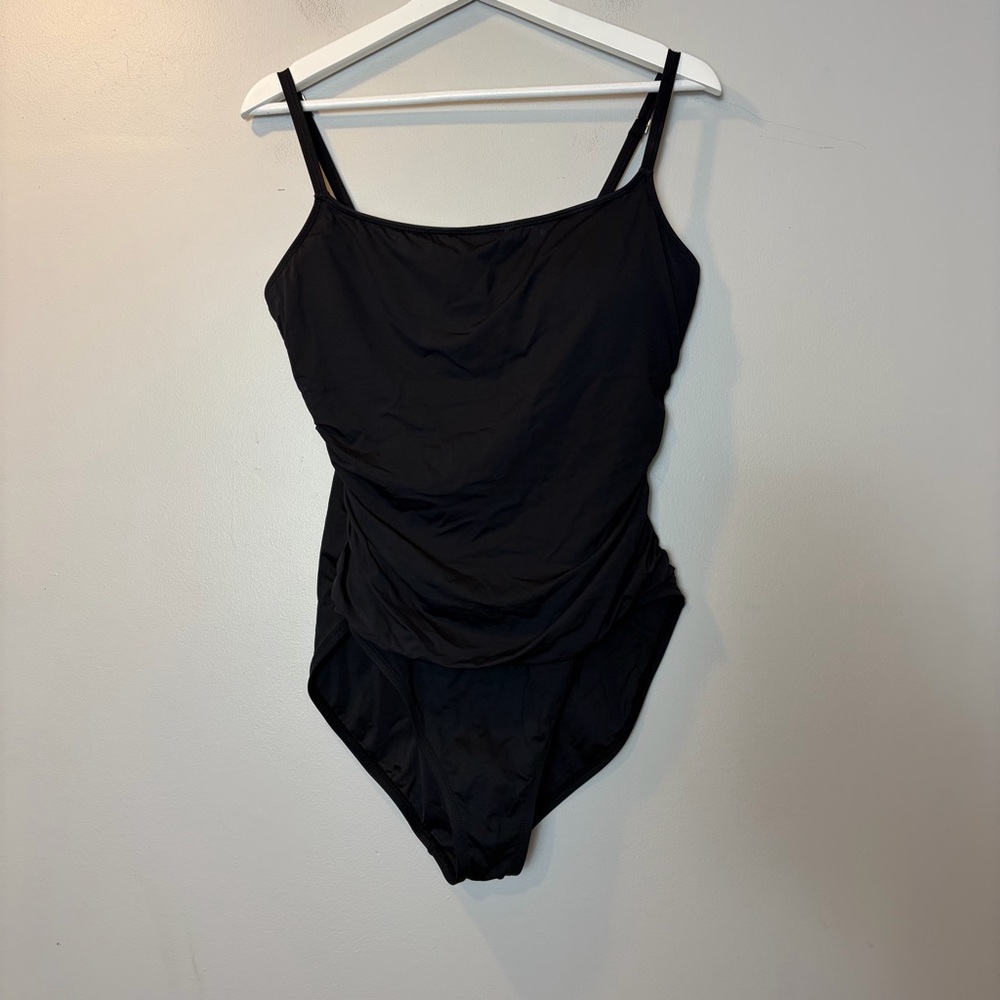 La Blanca Square‎ Neck Ruched Black One Piece Swimsuit Women's 16